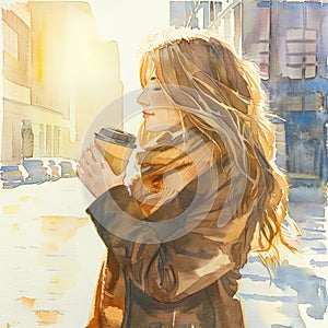 Girl drinking coffee in city. Morning autumn sun. Watercolour illustration in light colours.