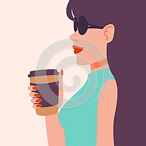 Girl drinking coffee. Lady with long dark hair in sunglasses, red manicure, red lipstick.