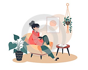 Girl drinking hot tea while sitting in armchair, stay home, cozy room interior, vector illustration