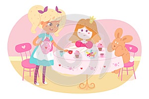 Girl drinking tea with toys at home. Little child playing game indoor vector illustration. Hapy kid, doll and rabbit