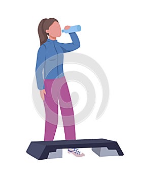 Girl drinking water during workout semi flat color vector character