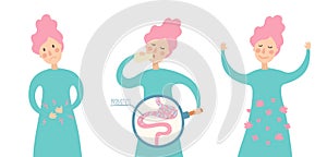 Girl drinking yogurt with probiotics bacteria in the gut. Probiotic through magnifying glass in flat style