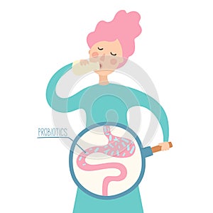 Girl drinking yogurt with probiotics bacteria in the gut. Probiotic through magnifying glass in flat style
