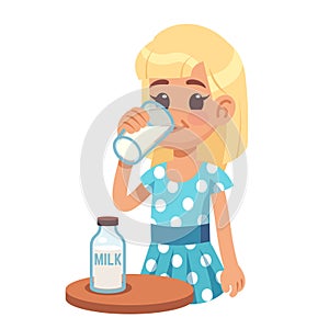Girl drinks milk. Cartoon happy kid drinking cow milk in glass. Healthy childhood and dairy products vector concept