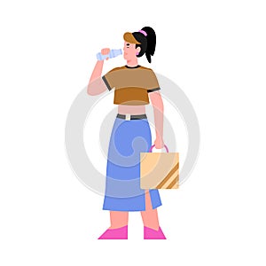 Girl drinks pure drinking water from bottle a vector isolated illustration