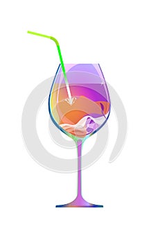 The girl drinks through a straw from a violet glass of wine or a liqueur. Cartoon character and drink isolated of white background