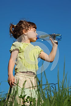 Girl drinks water from plastic bottle