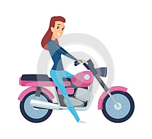 Girl driver. Cute woman on motorcycle. Isolated cartoon female rides motorbike vector illustration