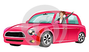 Girl driving pink mini cooper flat color vector faceless character