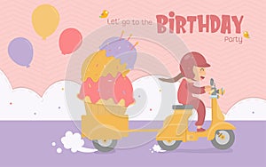 The girl is driving a scooter to a birthday party with cupcakes and balloons of many colors