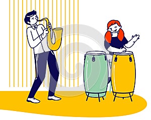 Girl Drummer and Boy Saxophone Player Playing Musical Composition Training before Jazz Performance on Stage or Exam