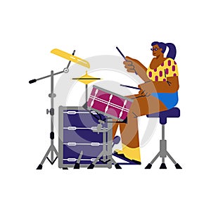 Girl drummer playing music on jazz concert flat vector illustration isolated.