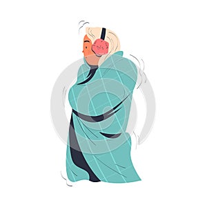 Girl in earmuffs feeling freeze wrapped in blanket trying to warm during winter or autumn season cartoon vector