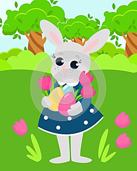 The Girl Easter Bunny in the dress holds decorative eggs.