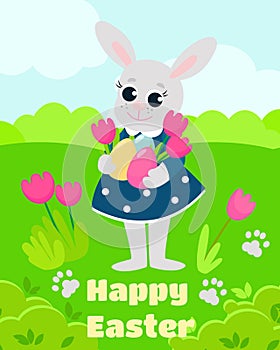 The Girl Easter Bunny in the dress holds decorative eggs and tulips in paws. The text of a happy Easter.