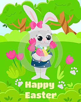 The Girl Easter Bunny in the dress holds decorative eggs and tulips in paws. Ð†llustration in cartoon style.