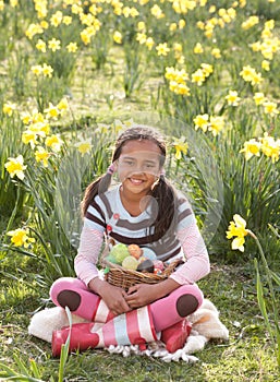 Girl On Easter Egg Hunt In Daffodil Field