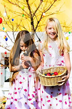 Girl on Easter egg hunt with living Easter Bunny