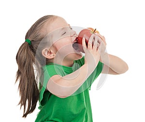 Girl eat apple on white