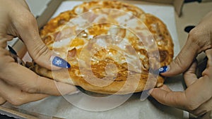 Girl eat pizza cheese four. Close up of young woman mouth greedily eating pizza and chewing in outdoor restaurant. Junk