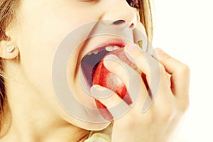 Girl eating apple fruit red color isolated on white background