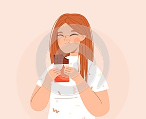 Girl eating chocolate. Happy female holding chocobar. Sweet dessert, enjoy sugar choco candy. Body positive character