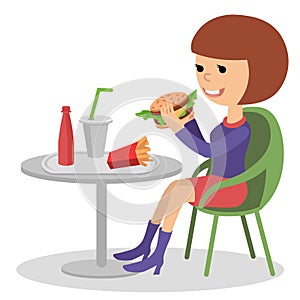 Girl eating fast food. Vector illustration of a people with sandwich.