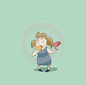 Girl eating a hamburger, holding a heart , vector illustration.
