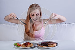 Girl eating a lot of food at once photo