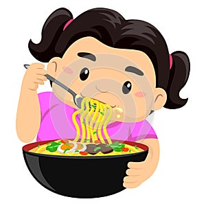 Girl eating noodles using fork