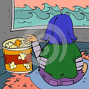 Girl eating popcorn and watching TV. Illustration in doodle cartoon style