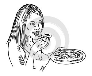 Girl eating slice of hot tasty pizza