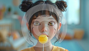 A girl eats a lollipop with a dirty face. lollipop, generative ai