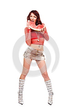 The girl eats a water-melon