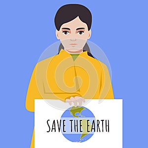 Girl eco activist holds poster. Save the earth. Globe planet drawing. Young female in yellow coat protest agains global warming