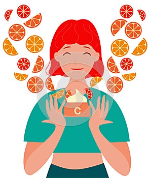 A cute girl or woman with red hair holds a jar of cream with oranges