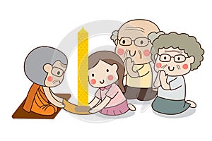 Girl and elderly couple offering Buddhist Lent candle with white background