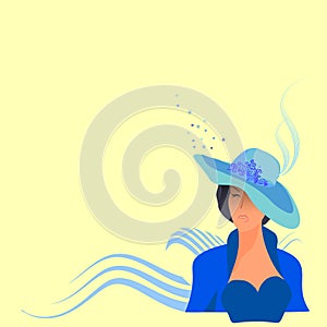 A girl in an elegant blue suit. a woman in a feathered hat. empty space..vector illustration on a white . a slender lady