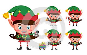 Girl elf christmas vector character set. Kid elves cartoon characters playing