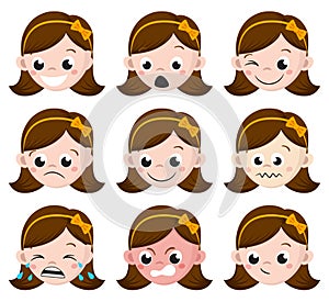 Girl Emotion Faces Cartoon. set of female avatar expressions.