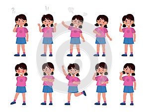 Girl emotions set. Emotional kid character in different poses, feelings expression, mood options, body language, happy