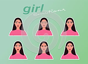 Girl emotions sticker pack. Human emotions. Young woman confusing, crying, smiling, scared, angry and laughing.