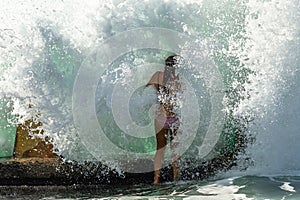 Girl Encounter Crashing Wave White Beach Tidal Pool
