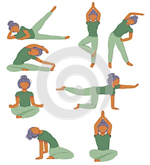 The girl is engaged in fitness. set of eight yoga poses. stretching exercises. mascot. sports concept.