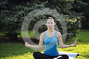 Girl is engaged in yoga in the park, doing exercises. Concept sport healthy lifestyle