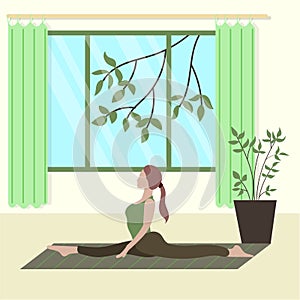 The girl is engaged in yogis in the room. Asana, yoga pose. The girl leads a healthy lifestyle.