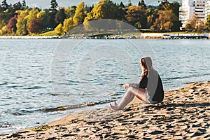 Girl at English Bay Beach in Vancouver, BC, Canada