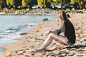 Girl at English Bay Beach in Vancouver, BC, Canada