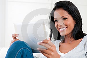Girl enjoy modern tablet