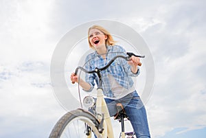 Girl enjoy short cycle tour with stop offs along way and travel. Lady emotional bike rider. Woman likes to ride bike